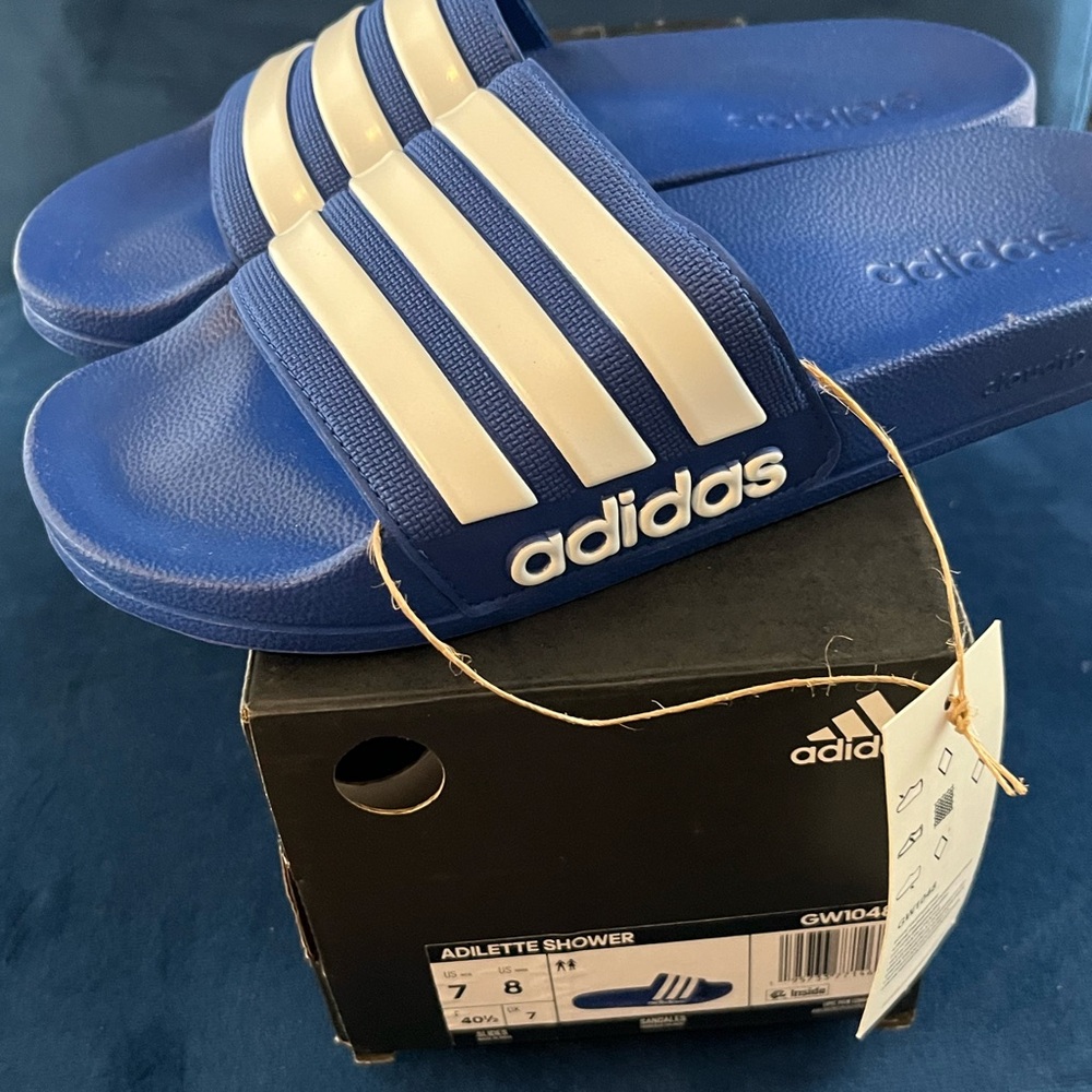 Adidas Adilette Blue and White Slides